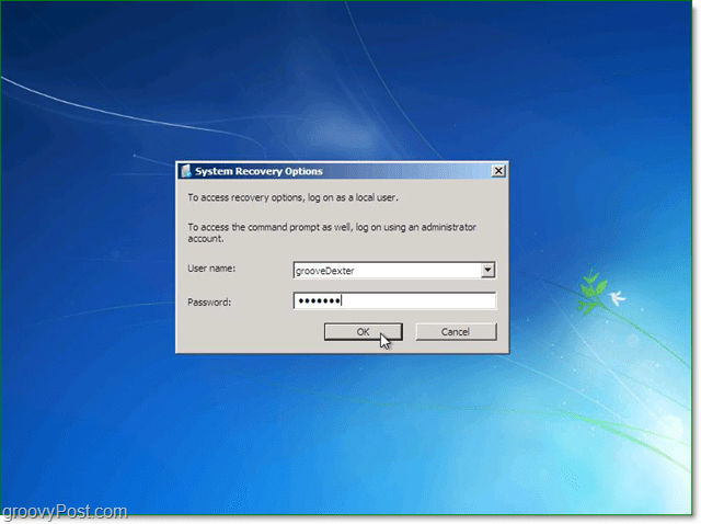 введите имя пользователя и пароль для восстановления системы Windows 7