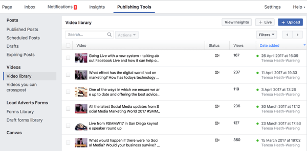 Вы можете получить доступ к своей полной видеотеке Facebook в разделе «Инструменты публикации».