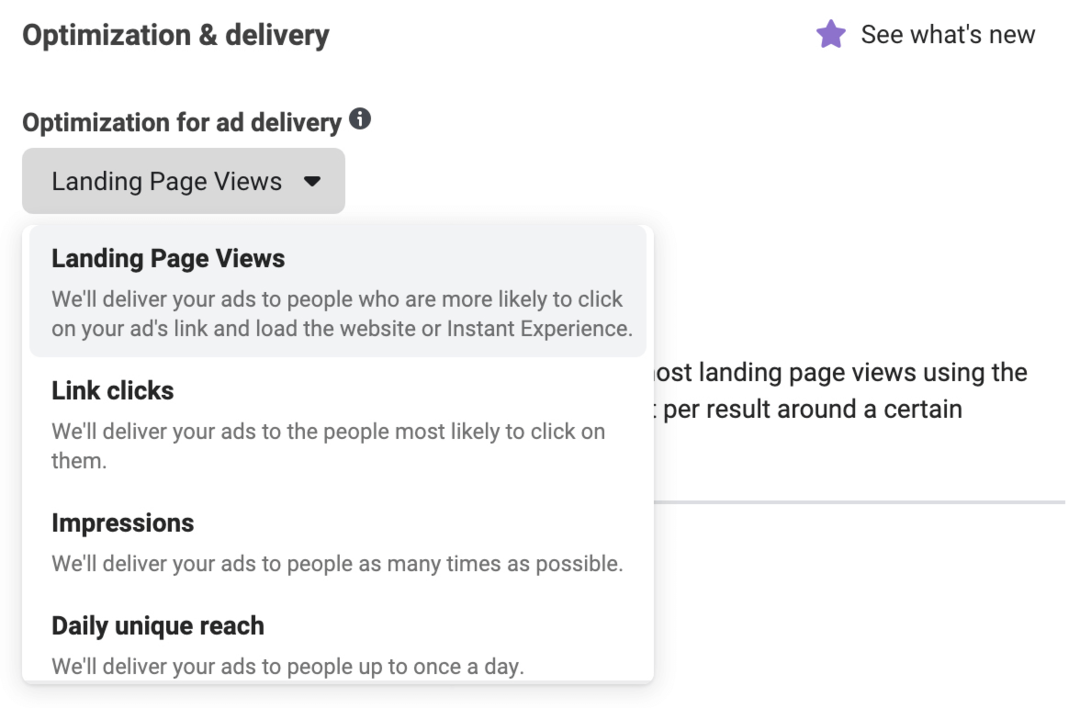 изображение раскрывающегося списка «Оптимизация для показа рекламы» в Ads Manager