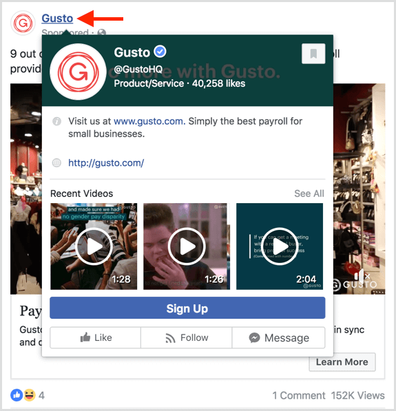 Пользователи видят предварительный просмотр, когда наводят курсор на страницу в рекламе Facebook.