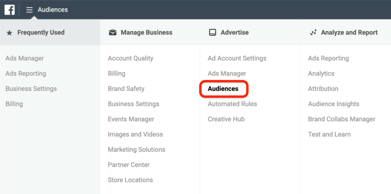 снимок экрана опции Аудитории, обведенной красным в меню Менеджера рекламы Facebook