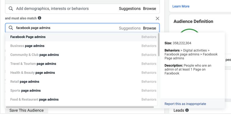 добавление демографических параметров рекламы в facebook в критерии "и также должно соответствовать" для параметра "администраторы страницы facebook"