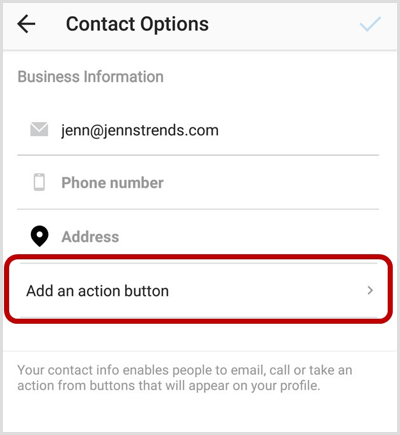 Добавьте кнопку действия на экране параметров контакта Instagram