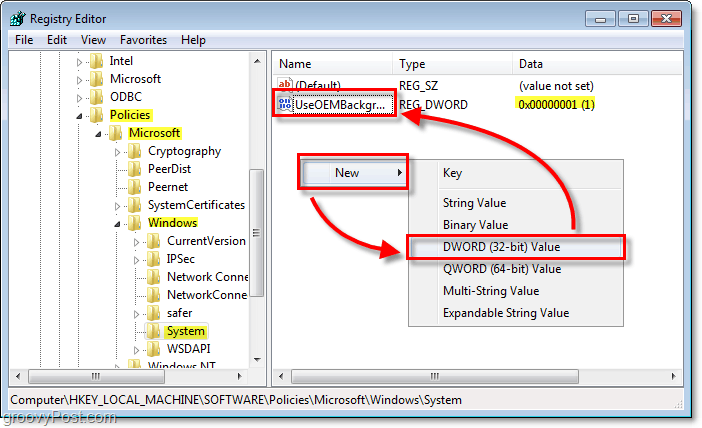 перейдите к разделу реестра Windows 7 HKEY_LOCAL_MACHINESOFTWAREPoliciesMicrosoftWindowsSystem