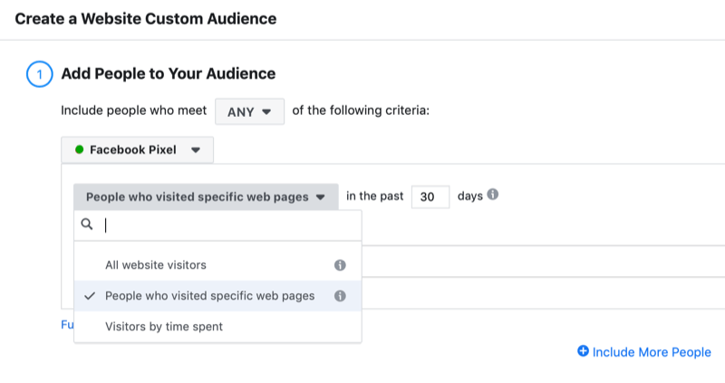 диалоговое окно для создания настраиваемой аудитории посетителя веб-сайта Facebook