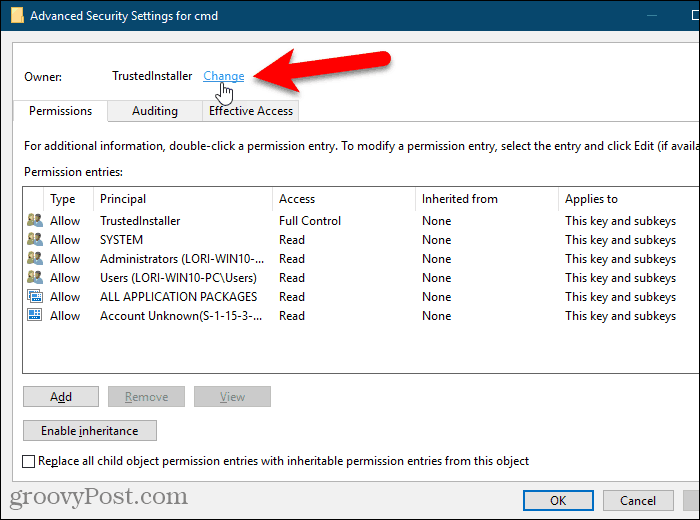 Нажмите на ссылку «Изменить» для владельца ключа в реестре Windows.