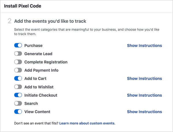 Выберите события, которые вы хотите отслеживать с помощью пикселя Facebook.
