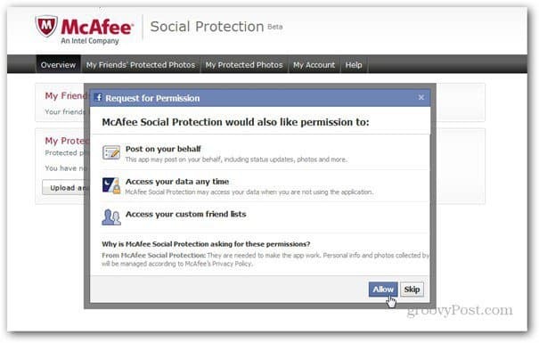 МакКаффе социальной защиты разрешений facebook