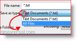 Выбор «Все файлы» в качестве типа файла