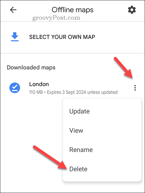 Удаление офлайн-карты Google Maps