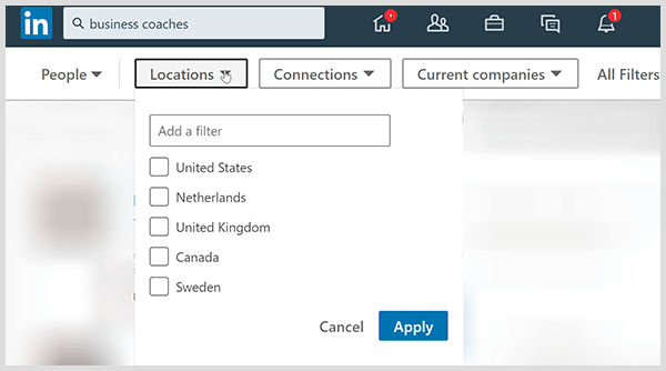 На странице результатов поиска LinkedIn есть фильтры для местоположений и компаний.