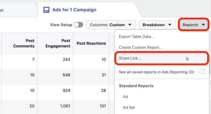 поделиться персонализированным отчетом о рекламе в Facebook
