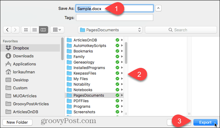 Выберите местоположение для экспортируемого файла и нажмите «Экспорт» на страницах для Mac