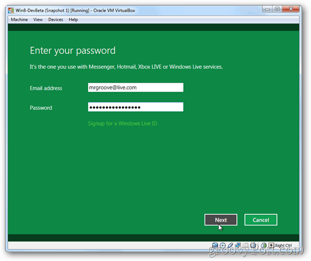 VirtualBox Windows 8 ссылка Live ID