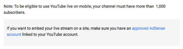 YouTube Live через мобильный телефон требует, чтобы у вашего канала было не менее 1000 подписчиков.