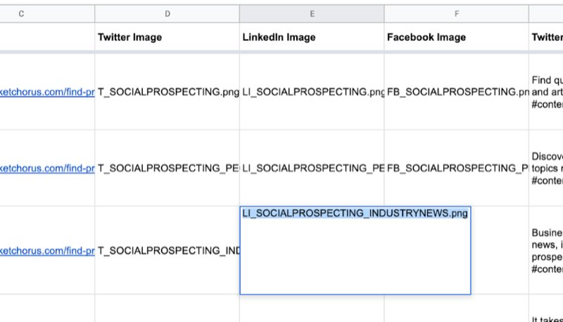 пример таблицы Google с частичными заполненными данными для twitter, linkedin, facebook, имена изображений, только что созданных в canva
