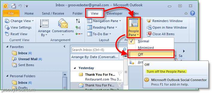 как отключить панель людей в Microsoft Office Outlook 2010