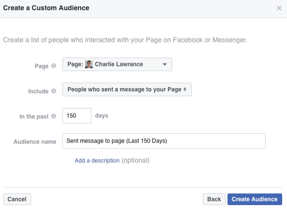 Выберите вариант создания аудитории из людей, отправивших сообщение на вашу страницу в Facebook.