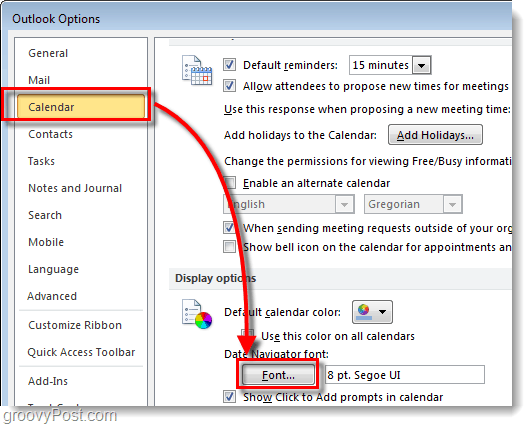 Как изменить шрифт навигатора даты календаря Outlook 2010