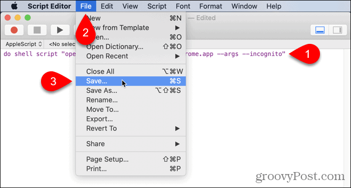 Перейдите в Файл> Сохранить в редакторе скриптов на Mac