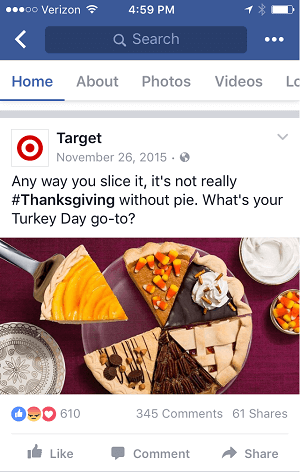 Этот пост на День благодарения от Target хорошо отображается как в ленте для настольных компьютеров, так и в мобильных.