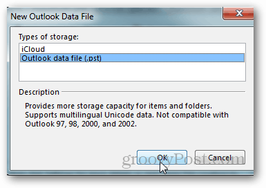 Как создать файл PST для Outlook 2013 - нажмите файл данных Outlook