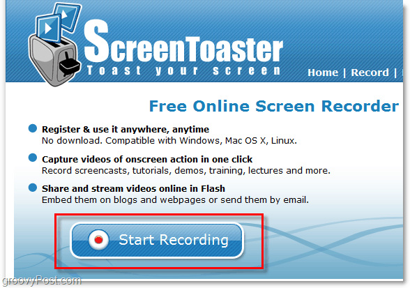 запуск записи снимка экрана с помощью screentoaster