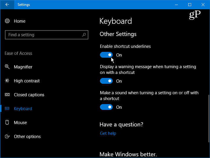 Сделать Windows 10 Подчеркнуть и выделить клавиши меню