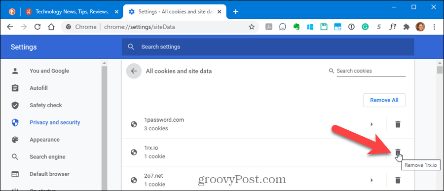 Удалить файлы cookie для одного сайта в Chrome