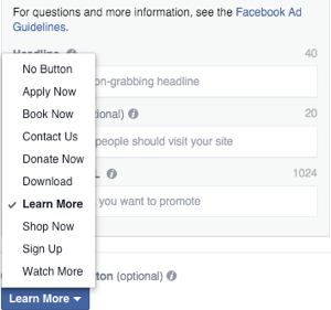 Выбор кнопки призыва к действию изображения карусели в Facebook