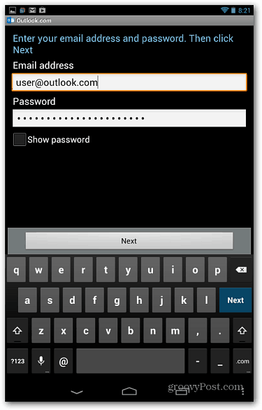 Ввод электронной почты Android Outlook App