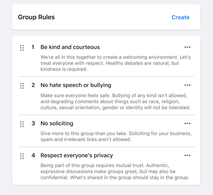 пример правил, установленных для группы в Facebook, таких как «будь добр, не разжигай ненависть, не навязывай» и т. д.