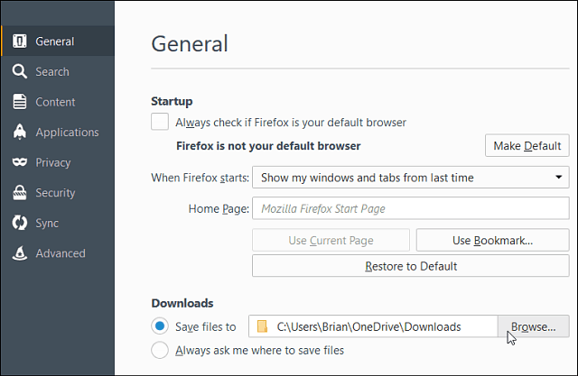 2 Изменить Местоположение загрузки Firefox
