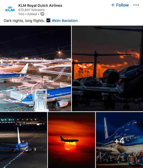 Публикация на странице KLM LinkedIn нескольких фотографий
