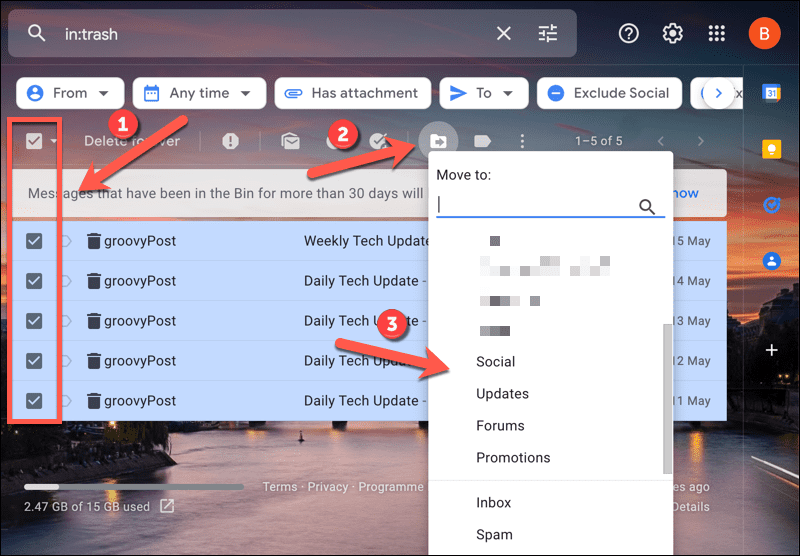 Перемещение писем за пределы папки корзины Gmail