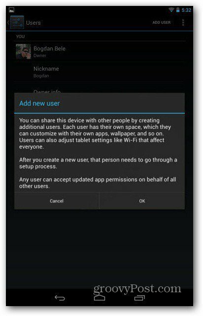 Предупреждение учетных записей пользователей Nexus 7