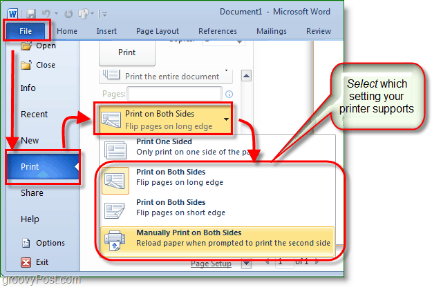 Снимок экрана Micosoft Word 2010: настройте параметры печати для печати на обеих сторонах