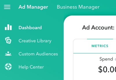 В Менеджере рекламы есть четыре основных раздела, к которым вы можете перейти в левом верхнем углу страницы.
