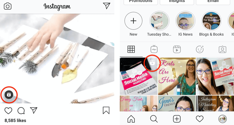 значок барабанов Instagram, отображаемый в сообщении в ленте, на квадрате сетки профиля