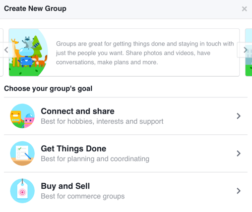 Чтобы создать группу в Facebook, ориентированную на создание сообщества, выберите «Подключиться и поделиться».