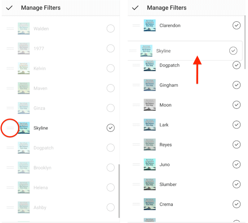 управлять параметрами меню фильтров Instagram, показывая двойные горизонтальные полосы выбора рядом с фильтрами, позволяющими их нужно переупорядочить, и показывая, что фильтр линии горизонта перетаскивается в верхнюю часть выбора фильтра список