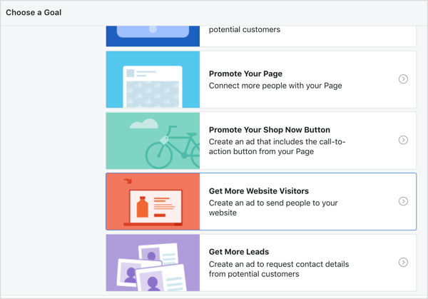 Выберите «Привлечь больше посетителей веб-сайта» в качестве цели для своей рекламы на Facebook.