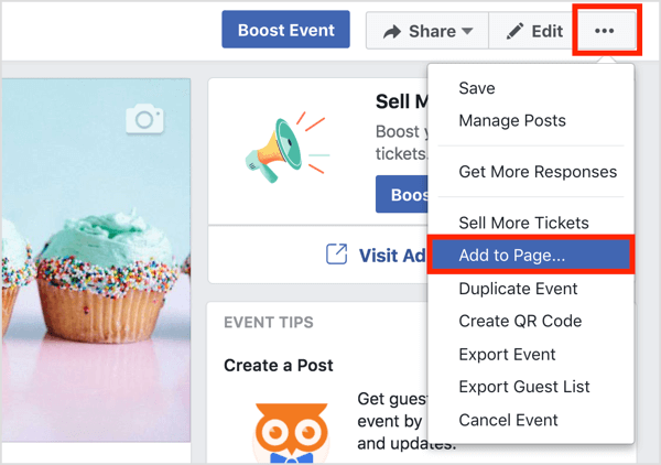 Нажмите кнопку с тремя точками вверху страницы мероприятия Facebook и выберите «Добавить на страницу».