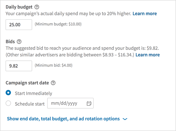 Выберите дневной бюджет, введите ставку и выберите даты начала кампании.