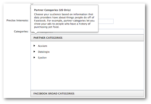 категории широких партнеров facebook
