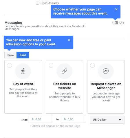 Facebook, похоже, тестирует возможность, чтобы люди могли задавать вопросы через Facebook Messenger, добавляйте бесплатные или вариант платного входа на мероприятие, а также установить диапазон цен на билеты при настройке мероприятия Facebook Страница.