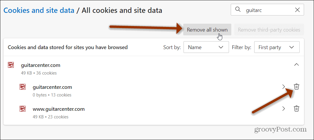 удалить все файлы cookie, показанные край