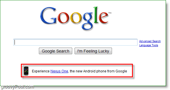 Реклама Nexus One на главной странице Google.
