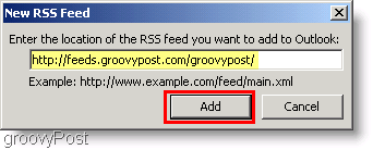 Снимок экрана Microsoft Outlook 2007 - Введите новый канал RSS