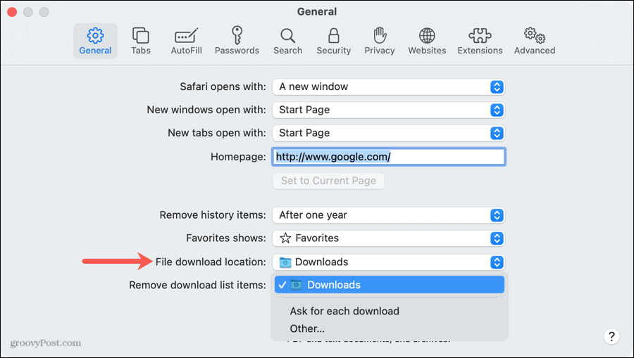 Место загрузки файла в Safari на Mac